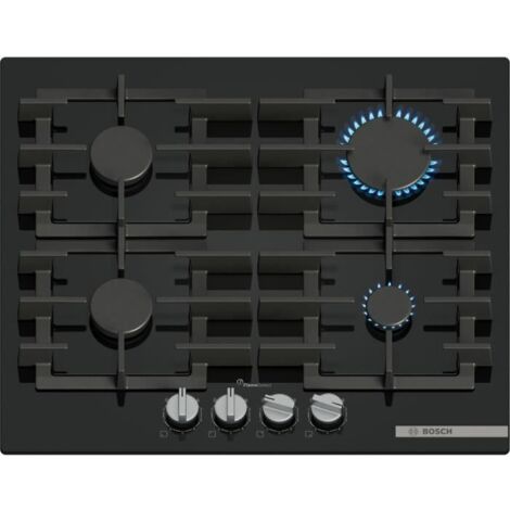 Bosch – Table de cuisson à gaz 60 cm PPP6A6I40 – 4 foyers avec brûleur rapide 3 kW – Surface en verre trempé noir – Installation semi-fleur de plan