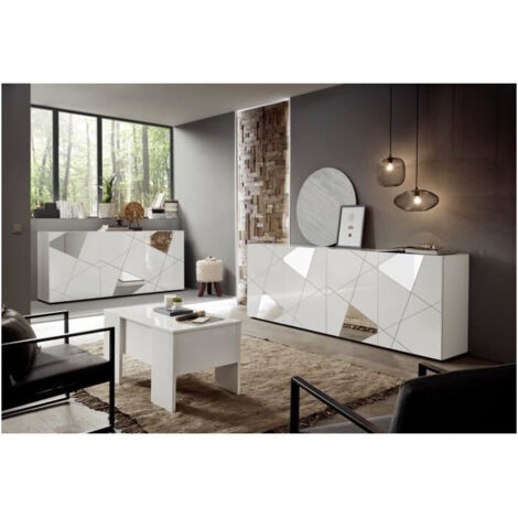 Buffet 3 portes blanc laqué brillant – Dimensions L181xP42xH84 cm – Style contemporain avec sérigraphie miroir – Fabrication italienne – Homemania (1/10)
