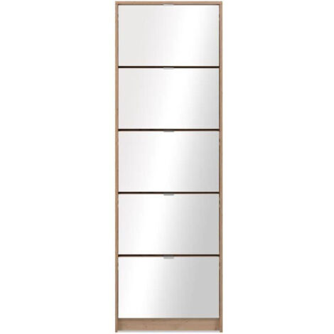 Meuble a chaussures - KOBLENZ - Chene artisan - 58 x 177 x 17 cm - 5 abattants - Facade miroir (1/5)