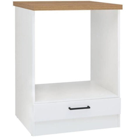 Meuble bas four 60 cm blanc brillant – Plan de travail chêne artisanal doré – Dimensions L 60 x H 86 x P 60 cm – Poignées en plastique (1/5)