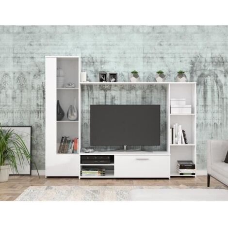 Meuble TV PILVI en mélaminé blanc mat – 5 niches + porte vitrée – Dimensions L220 x P41 x H177,5 cm – Montage au sol