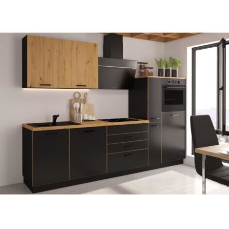 Cuisine complète avec plan de travail – Décor noir – L 280 x P 60 x H 214 cm – Rangement optimisé pour espaces réduits – AYA (1/5)