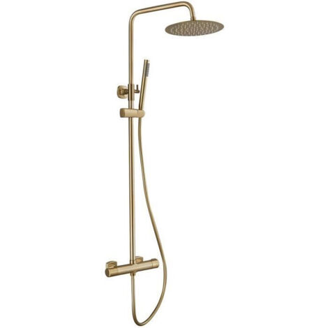 Colonne de douche thermostatique avec robinetterie en laiton brossé – Tête de douche orientable Ø 245 mm – Douchette à jet pluie