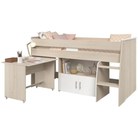 M&S – Lit combiné moderne 90x200 cm – Acacia clair et blanc – Bureau sur roulettes et rangement inclus – Optimise l'espace chambre enfant