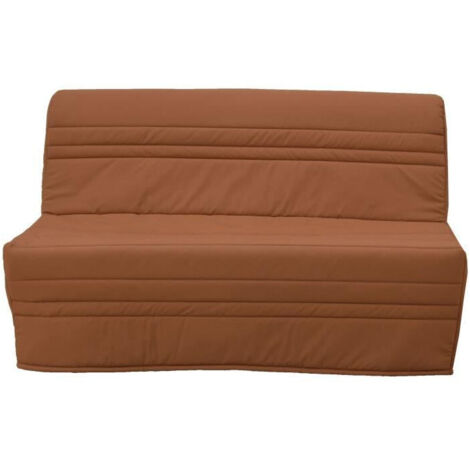 Canapé convertible BZ 2 places – Couchage 140x190 cm – Matelas monobloc HD24kg/m3 – Tissu terracotta – Structure tube laqué noir (1/7)