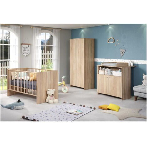 Chambre bébé complète 3 pièces – Lit 70x140 cm avec sommier réglable – Armoire 80x185 cm en panneaux mélaminés chêne naturel – Trendteam