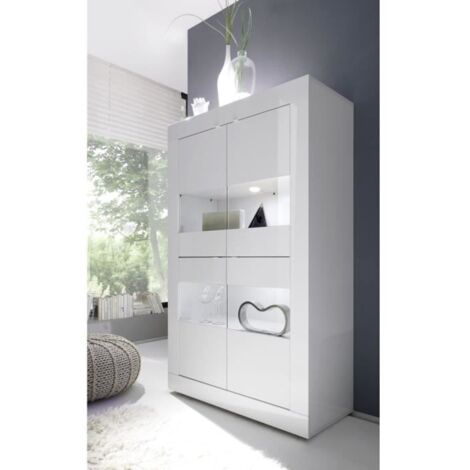 Vitrine BASICO 4 portes – Blanc laqué brillant – Dimensions 101 x 42 x 161 cm – Panneaux de particules haute densité – Homemania (1/4)