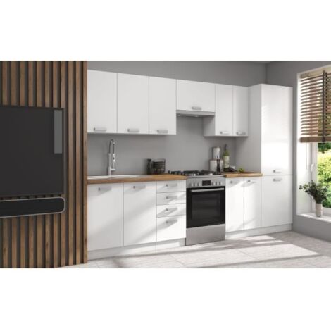 Cuisine complète 8 éléments – Décor blanc – L300 x H52 x H82 cm – Meubles sous évier et tiroirs inclus (1/5)