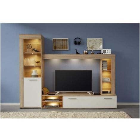 Meuble TV en chêne clair et blanc mat – Dimensions L 240 x P 41 x H 185 cm – Éclairage intégré pour objets décoratifs (1/5)