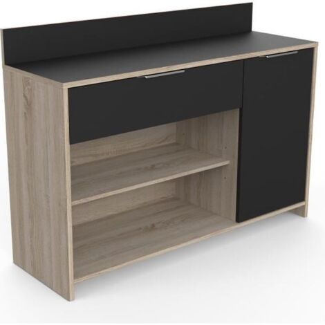 Les Tendances – Buffet de cuisine en chêne brut et noir 123 x 40 x 85 cm – 1 porte, 1 tiroir, 2 niches – Fabrication française