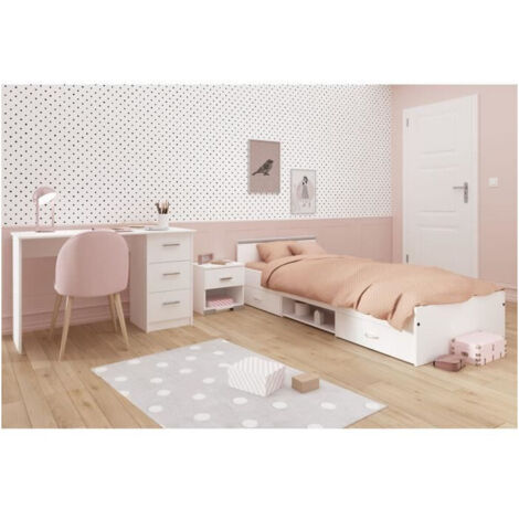 Chambre complète enfant 3 pièces – Lit 90x190 cm avec 2 tiroirs – Bureau 121.2x55 cm et chevet 39.5x32.7 cm – Panneaux de particules blanc – Parisot