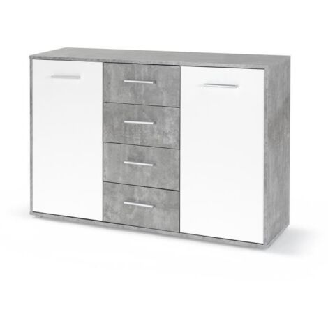 Les Tendances – Buffet bas PILVI – 2 portes et 4 tiroirs – Blanc et béton clair – Dimensions L 122,6 x P 34,2 x H 81,1 cm – Meuble moderne pour salon (1/5)