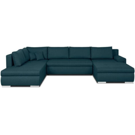 Canapé d'angle panoramique convertible 7 places – Couchage 2 personnes – Coffre de rangement – Tissu 100% polyester bleu canard – 360 x 228 cm (1/7)
