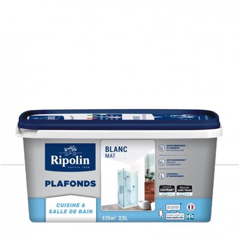 Peinture blanche mat pour plafonds – Haute résistance humidité – Anti moisissures – 2,5L – Ripolin (1/5)