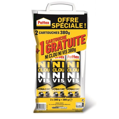 Colle de fixation - PATTEX - Ni Clou Ni Vis - Extra Fort - Cartouche de 380g - Lot de 2 + 1 gratuit