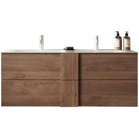 Meuble double vasque suspendu 120cm – 2 tiroirs en chêne – Vasque en céramique – H53 x P47cm – Style scandinave moderne