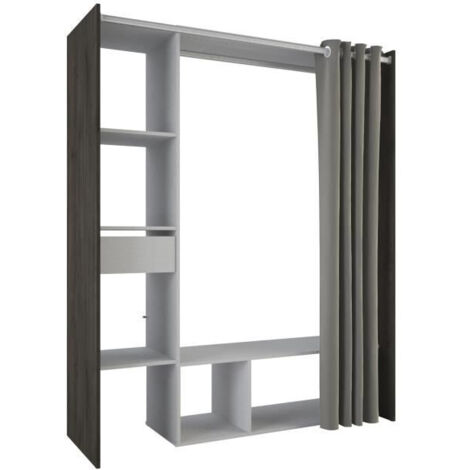 Miroytengo – Dressing MONTANA 115/150 x 49,9 x 183 cm – Décor chêne waterford et gris clair – Rideau inclus – Fabrication française (1/5)
