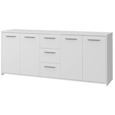 Buffet bas blanc mat 4 portes 3 tiroirs – Dimensions L 179 x P 42 x H 74,5 cm – Rangement moderne pour salon ou salle à manger (1/10)