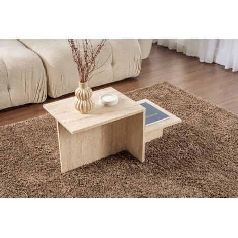 Calicosy – Table basse rectangulaire effet travertin 80 x 40 x 40 cm – Panneaux de particules mélaminés – Élégante et pratique avec tablette de rangement