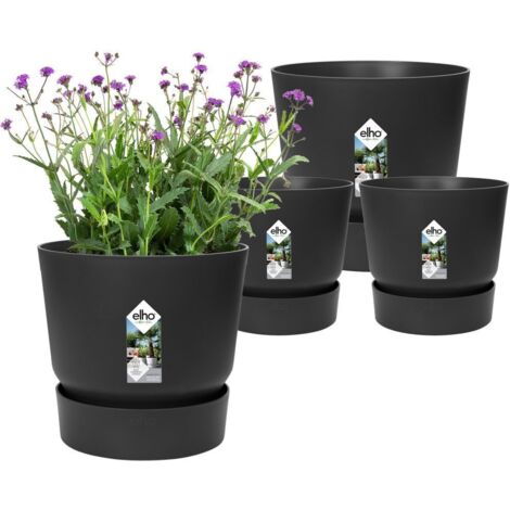 ELHO Lot de 2 pots de fleur rond Greenville - Ø14xH13,4 cm et Ø16xH15,3 cm - 7 L - Noir (1/4)