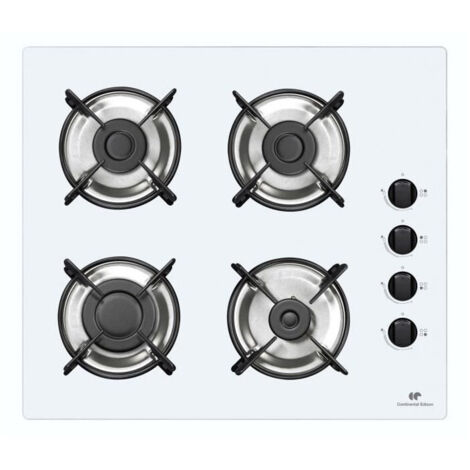 Continental Edison – Plaque de cuisson gaz 4 foyers – Verre blanc – Allumage électronique – Puissance 7,5 kW – Compatible gaz naturel et GPL