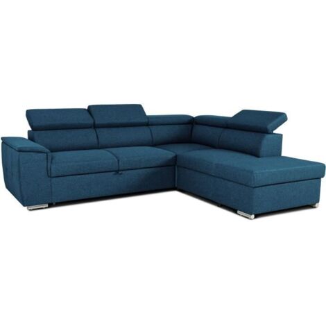 Canapé d'angle convertible réversible avec coffre – 5 places – Tissu bleu – Dimensions L260 x P216 x H77 cm – Assise en mousse polyéther
