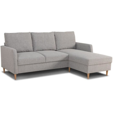Canapé d'angle fixe 3 places CHIPY - Tissu gris souris - Réversible - L 192 x P 137 x H 82 cm - Pieds bois naturel (1/5)