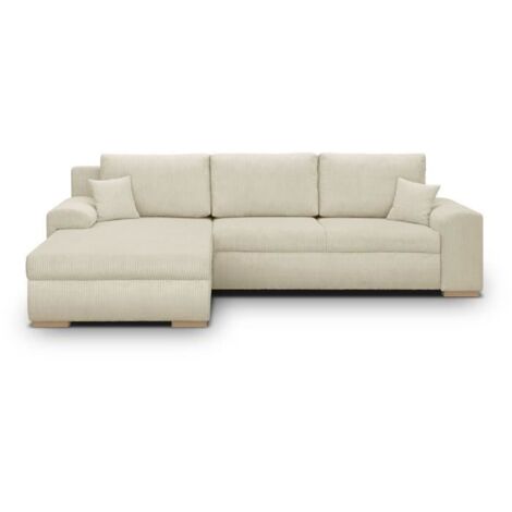Canapé d'angle convertible 5 places – Tissu velours côtelé beige – Coffre de rangement – Structure en pin massif – Dimensions 289 x 94/188 x 88 cm (1/5)