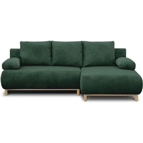 Canapé d'angle convertible 3 places – Tissu velours côtelé vert foncé – Coffre de rangement intégré – Dimensions 192 x 84 x 93 cm – Mikado (1/5)