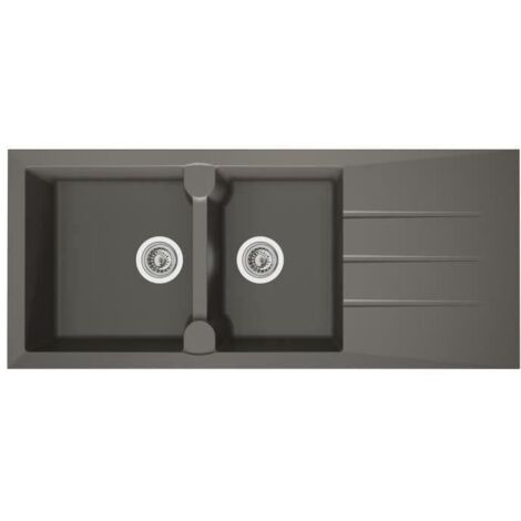 Les Tendances – Évier cuisine encastré 2 bacs – 1 égouttoir réversible – Résine gris béton – Dimensions 116 x 50 cm – Vidage manuel Ø90 mm (1/2)