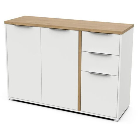 Enfilade ACCESS - 3 portes + 2 tiroirs - Décor chene Hamilton et Blanc - L 121,5 x P 39,6 x H 85,6 cm - DEMEYERE (1/5)