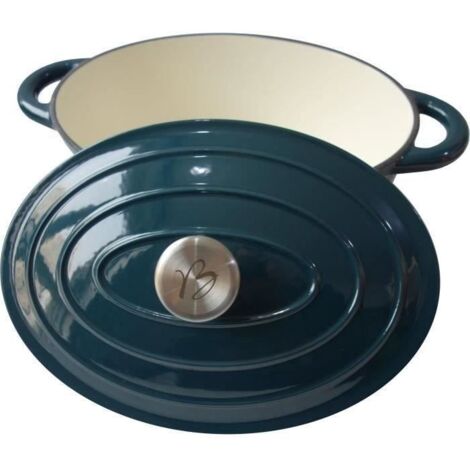 Cocotte ovale 30 cm en fonte émaillée – Couleur bleu vert – Compatible induction et four traditionnel – Cuisson uniforme et savoureuse – Baumalu (1/2)