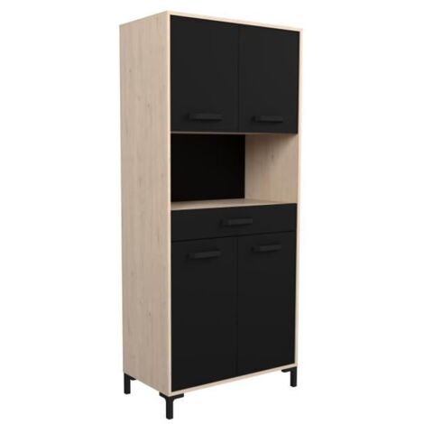 Buffet de cuisine FACTORY - Décor chene et noir - 2 portes + 1 tiroir - Modulable - L 80 x P 43,3 x H 185 cm (1/5)