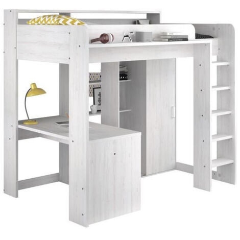 Les Tendances – Lit mezzanine blanc 90 x 200 cm – Panneau de particules décor Pin Petterson – Échelle d'accès incluse – Bureau et armoire intégrés (1/10)