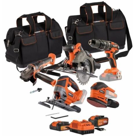 Pack 4 outils - DUAL POWER - 20 V - Perceuse/visseuse + meuleuse d'angle + ponceuse a main + scie circulaire - 2 batteries (1/5)