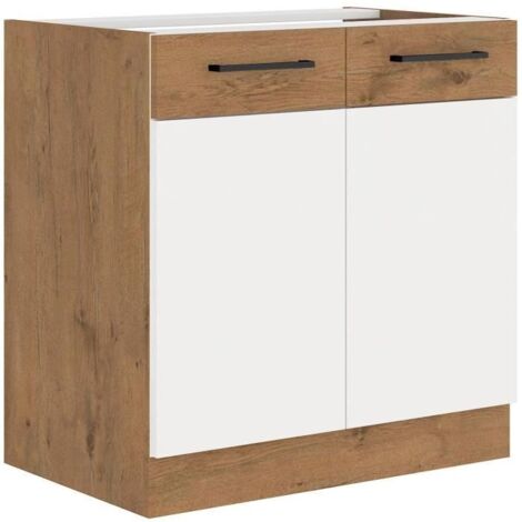 ROCK - Meuble bas - Mélaminé decor chêne Lancelot et Blanc - 80 cm - 2 portes battantes - Plan de travail non inclus (1/2)