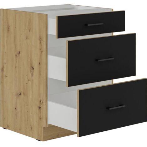 Meuble bas casserolier 3 tiroirs – Dimensions 60 x 52 x 82 cm – Chêne artisan et noir mat – Amortisseurs pour fermeture douce – 1000Brico (1/5)