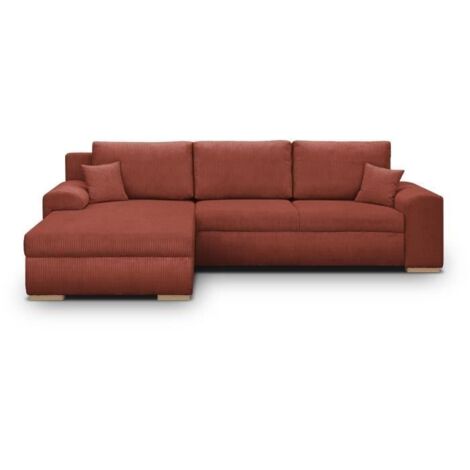 Canapé d'angle convertible 5 places – Tissu velours côtelé rouille – Coffre de rangement – Structure en pin massif – Dimensions 289 x 94/188 x 88 cm (1/5)