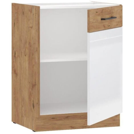 ROCK - Meuble bas - Mélaminé chêne Lancelot et Blanc brillant - 60 cm - 1 porte battante - Plan de travail non inclus (1/2)