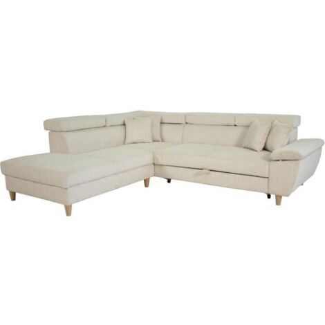 Canapé d'angle convertible - 4 places - WESTON - Velours côtelé beige - Têtières réglables - 259 x 227 x 77/92 cm (1/5)