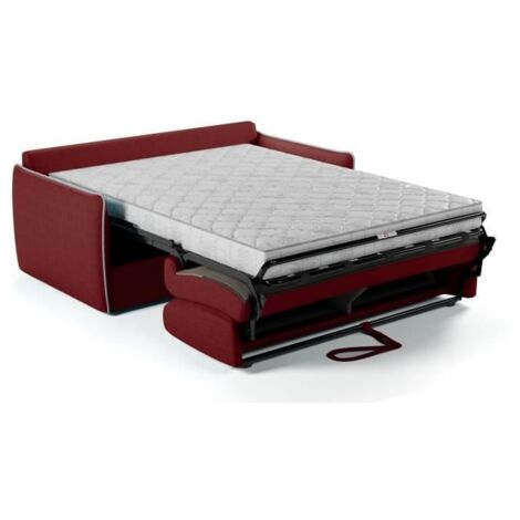 Canapé convertible 3 places – Tissu velours rouge – Mécanisme express – Dimensions couchage 140 x 190 cm – Matelas 14 cm épaisseur