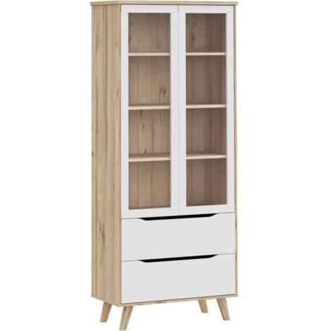 Vitrine - VANKKA - 2 portes vitrées - Chêne / Blanc mat - 84,7 x 41,7 x 201,5 cm (1/5)
