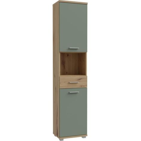 Forte – Colonne de salle de bain en chêne et vert sauge – 2 portes – Dimensions L40,2 x P28,9 x H183,6 cm – Rangement optimal avec 2 tablettes et 1 tiroir (1/5)