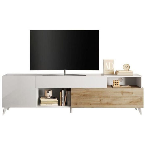 Meuble Tv - MONTECARLO XXL - 1 porte - 2 tiroirs - Blanc laqué / Chene Cadiz - 241 x 43 x 67 cm (1/4)