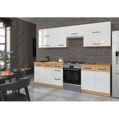 Cuisine complète 260 cm en mélaminé chêne Lancelot et blanc brillant – Meubles sous évier et tiroirs – Fermeture douce et silencieuse (1/5)