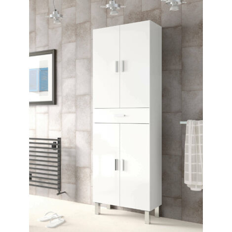 Calicosy – Armoire de rangement salle de bain 29x182h cm – 4 portes – 1 tiroir – Panneau mélaminé blanc brillant – Étagères réglables