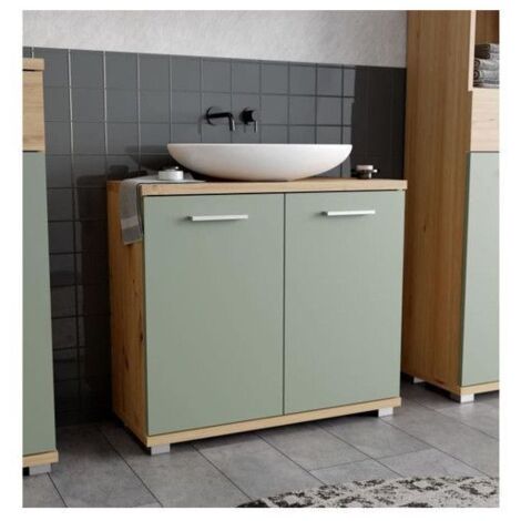 Meuble Sous Lavabo Viola 60x60 Cm - Vert/Artisan, étagères Ouvertes Et Fermées - Pour Salle De Bain, Rangement Malin