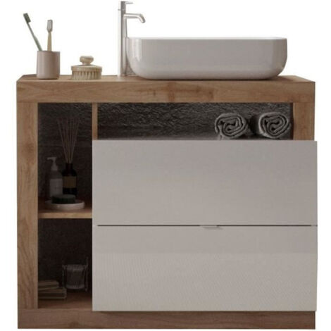 Meuble salle de bain avec vasque simple L110 – 2 tiroirs et 3 niches – Coloris chêne clair et laqué blanc – Dimensions L110xP49xH79