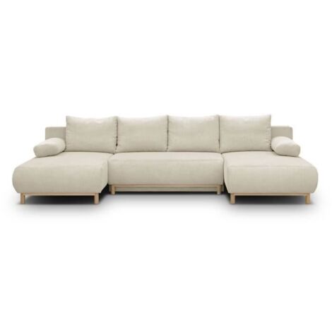Canapé panoramique convertible 6 places – Velours côtelé beige – Coffre de rangement – Dimensions L313 x P145 x H84 cm – Couchage 130 x 210 cm (1/5)