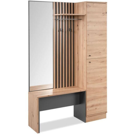 Vestiaire 1 porte 121,6x37x189,7 cm décor chêne – 5 étagères intérieures – Miroir et banc inclus – Finition anthracite
